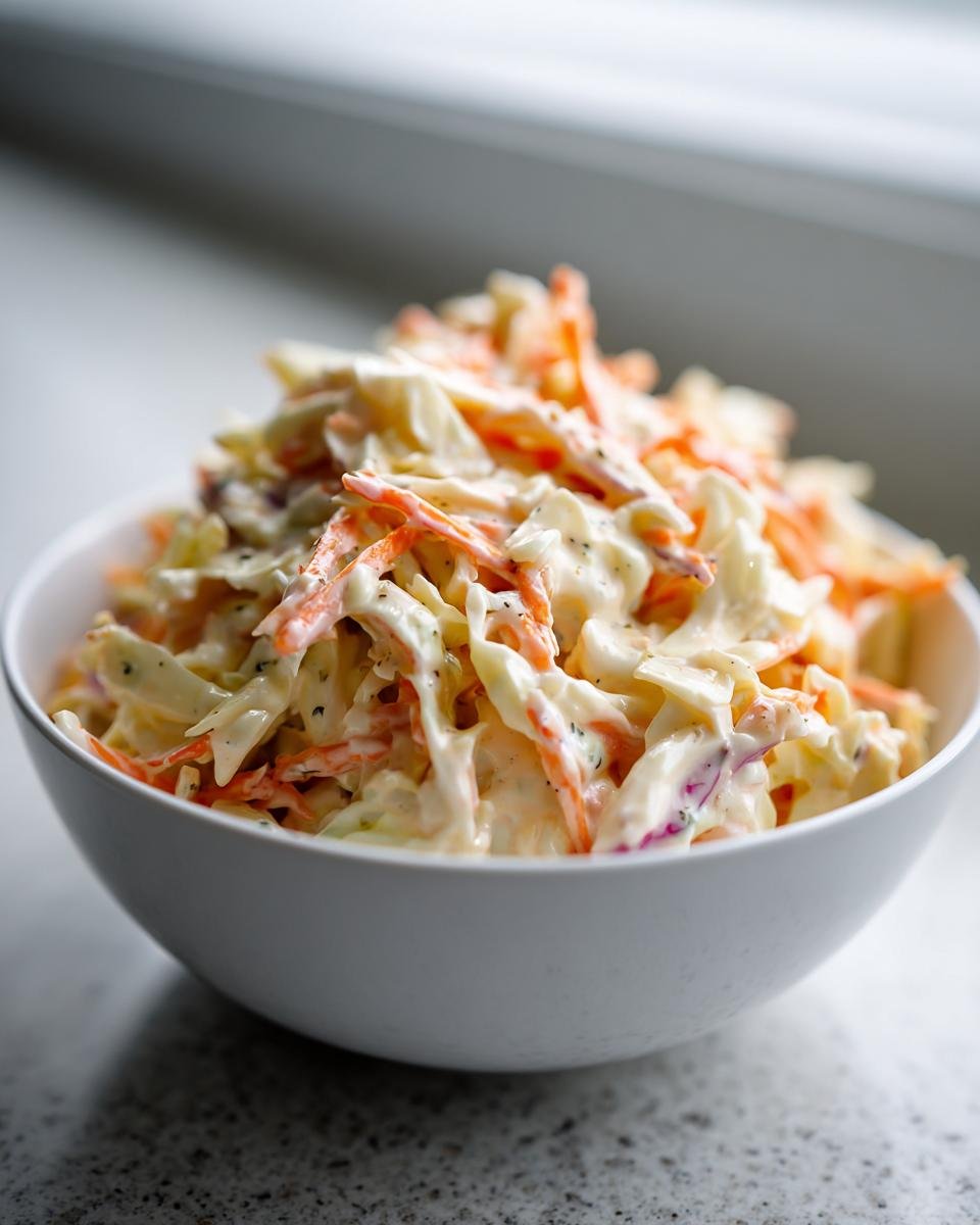 A white bowl filled with creamy coleslaw featuring shredded cabbage and carrots, coated in Easy Homemade Coleslaw Dressing.