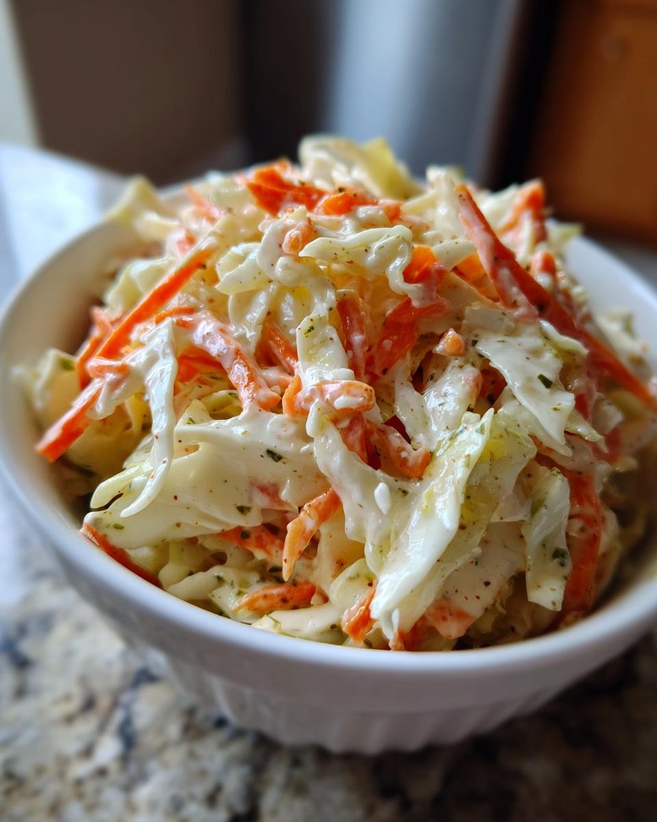 Close-up of creamy coleslaw with shredded cabbage and carrots coated in Easy Homemade Coleslaw Dressing.