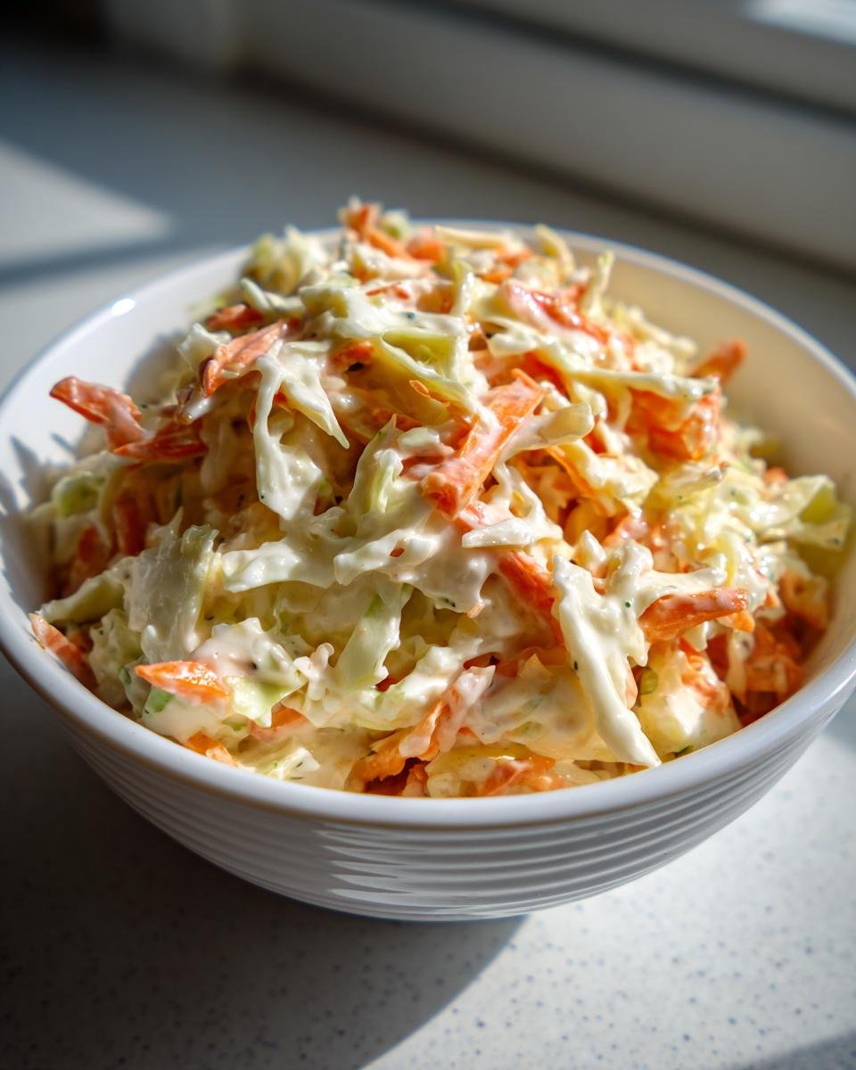 A white bowl filled with creamy coleslaw, featuring shredded cabbage and carrots coated in Easy Homemade Coleslaw Dressing.