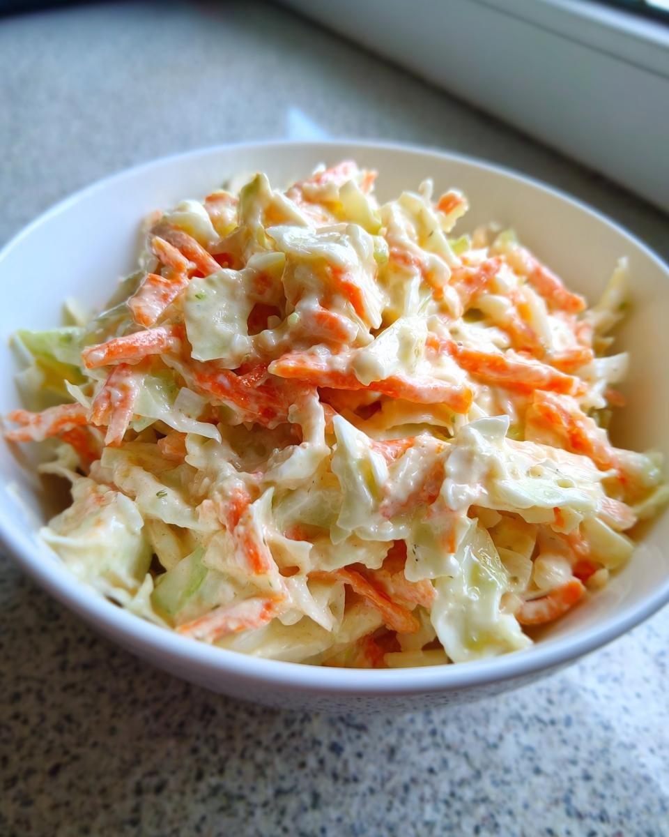 Close-up of creamy coleslaw made with shredded cabbage and carrots using Easy Homemade Coleslaw Dressing.