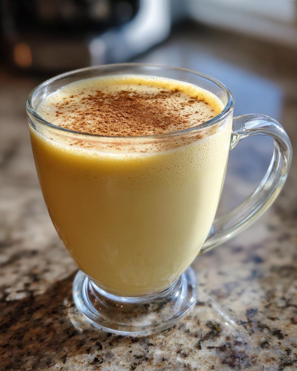 Close-up of a glass mug filled with creamy homemade vegan eggnog, topped with cinnamon.