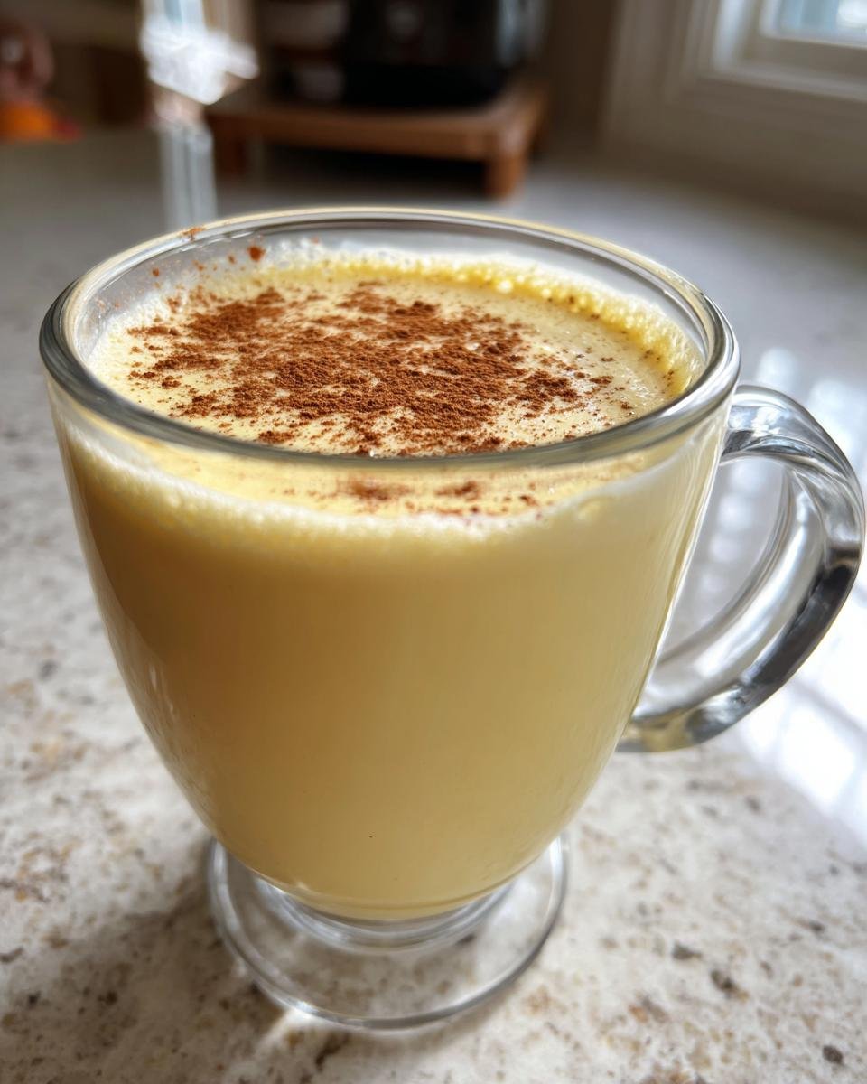 A glass mug filled with creamy homemade vegan eggnog, topped with a dusting of cinnamon.