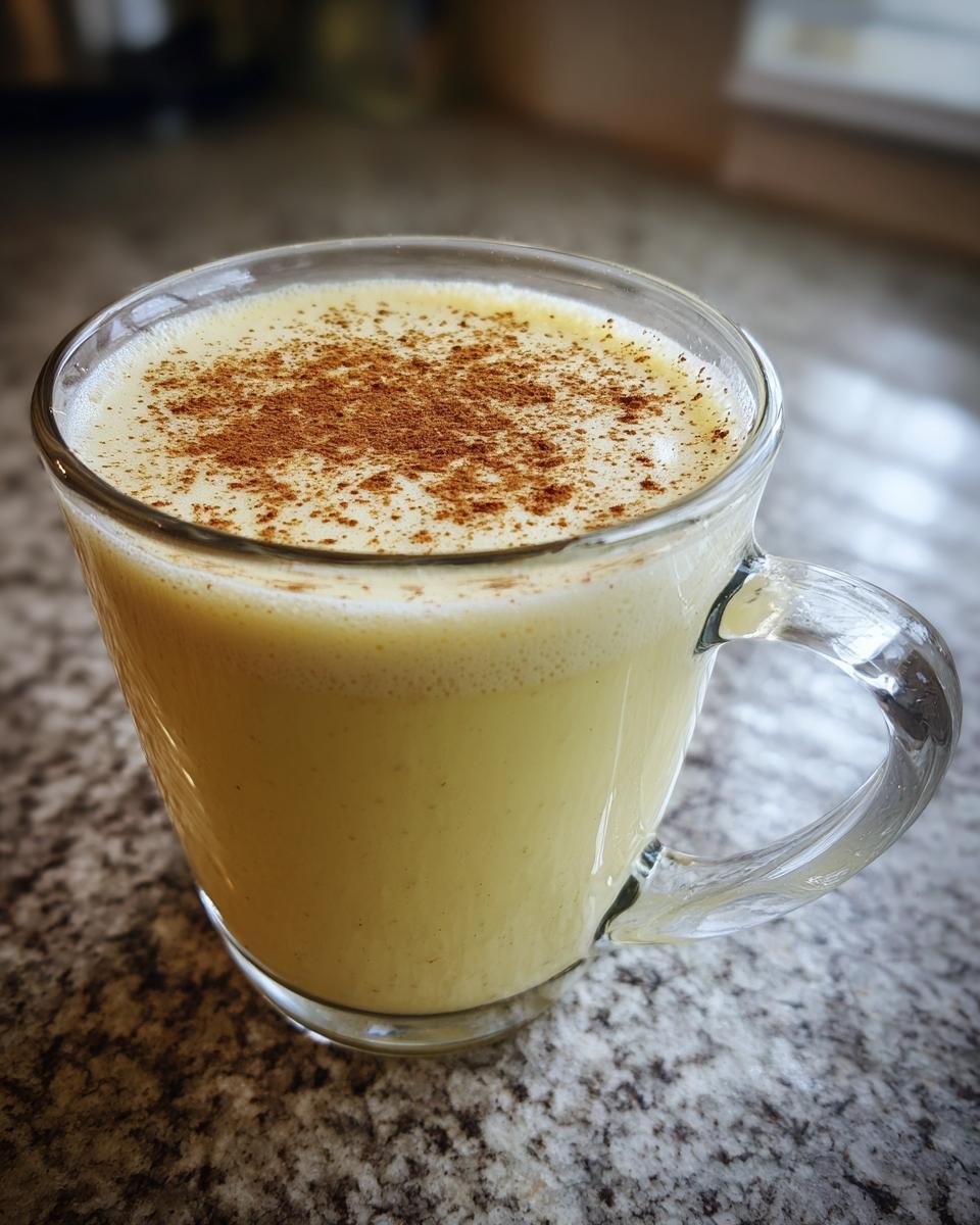 A close-up of a glass mug filled with creamy homemade vegan eggnog, topped with a dusting of cinnamon.