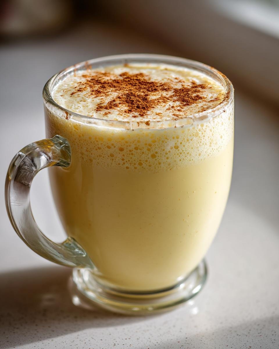 A glass mug filled with creamy homemade vegan eggnog, topped with foam and a dusting of cinnamon.