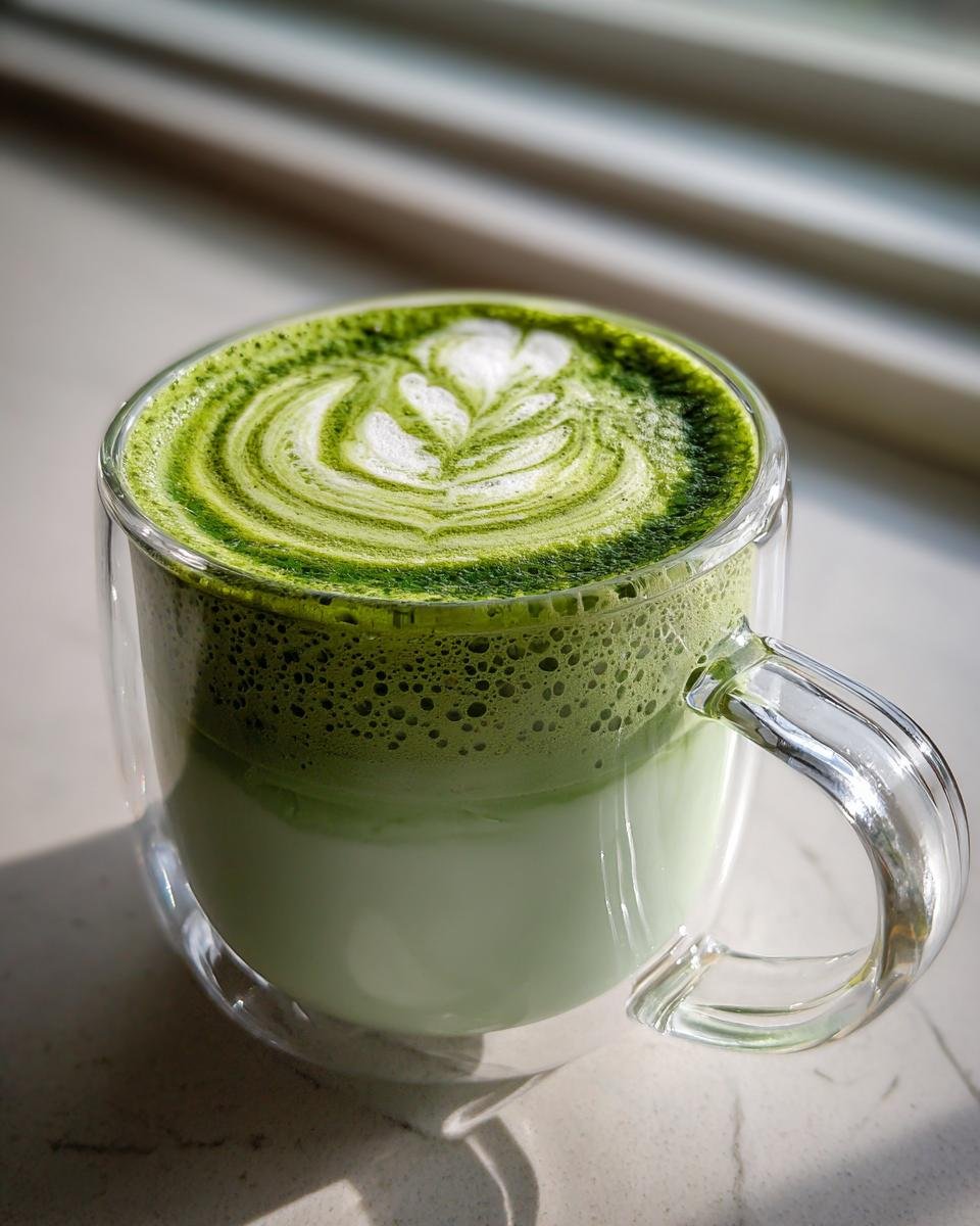 Close-up of a Creamy Oat Milk Matcha Latte in a clear mug showing vibrant green foam and detailed white latte art.