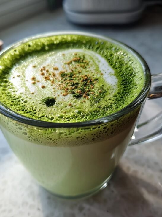 Close-up of a vibrant Creamy Oat Milk Matcha Latte with foamy green top sprinkled with powder in a clear glass mug.