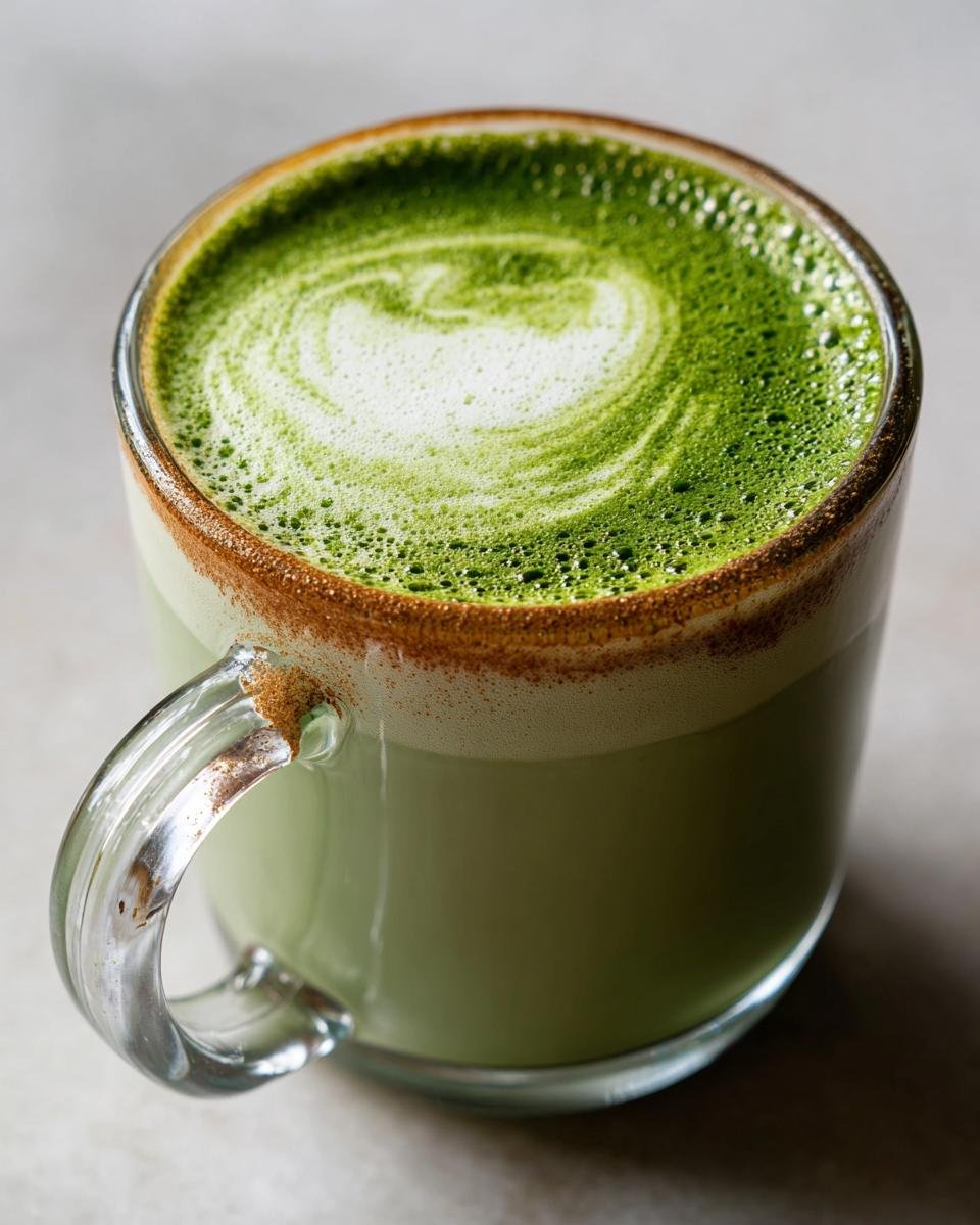 Close-up of a vibrant green Creamy Oat Milk Matcha Latte with foam art in a clear glass mug.