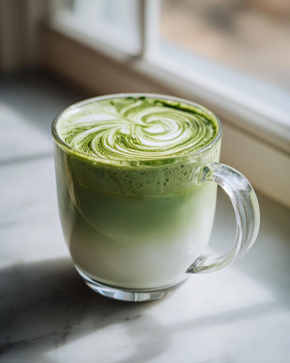 A clear glass mug holding a layered Creamy Oat Milk Matcha Latte with beautiful green foam art.