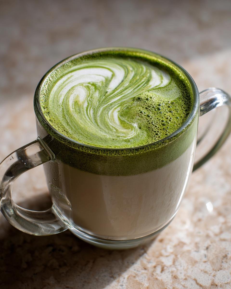 Close-up of a Creamy Oat Milk Matcha Latte in a clear mug showing vibrant green matcha foam art swirls.