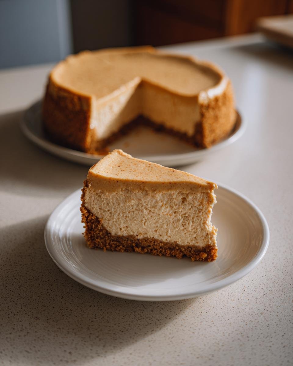 A perfect slice of Creamy Spiced Orange Cheesecake with a thick graham cracker crust on a white plate.