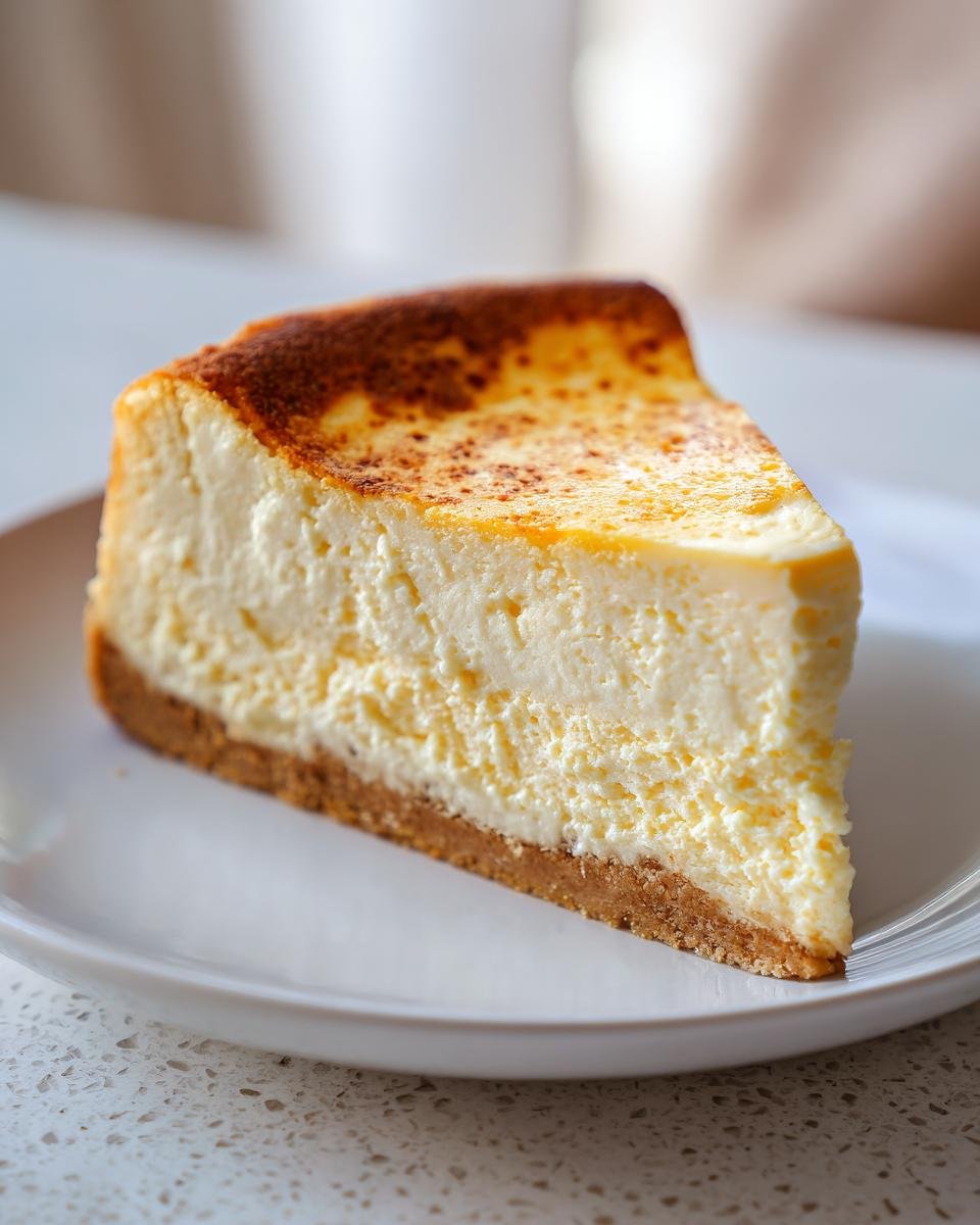 A perfect slice of Creamy Spiced Orange Cheesecake with a graham cracker crust on a white plate.