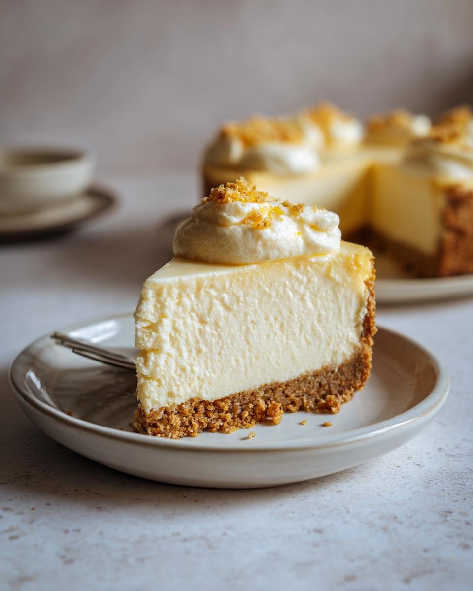 A perfect slice of Creamy Spiced Orange Cheesecake with a thick graham cracker crust and whipped topping.