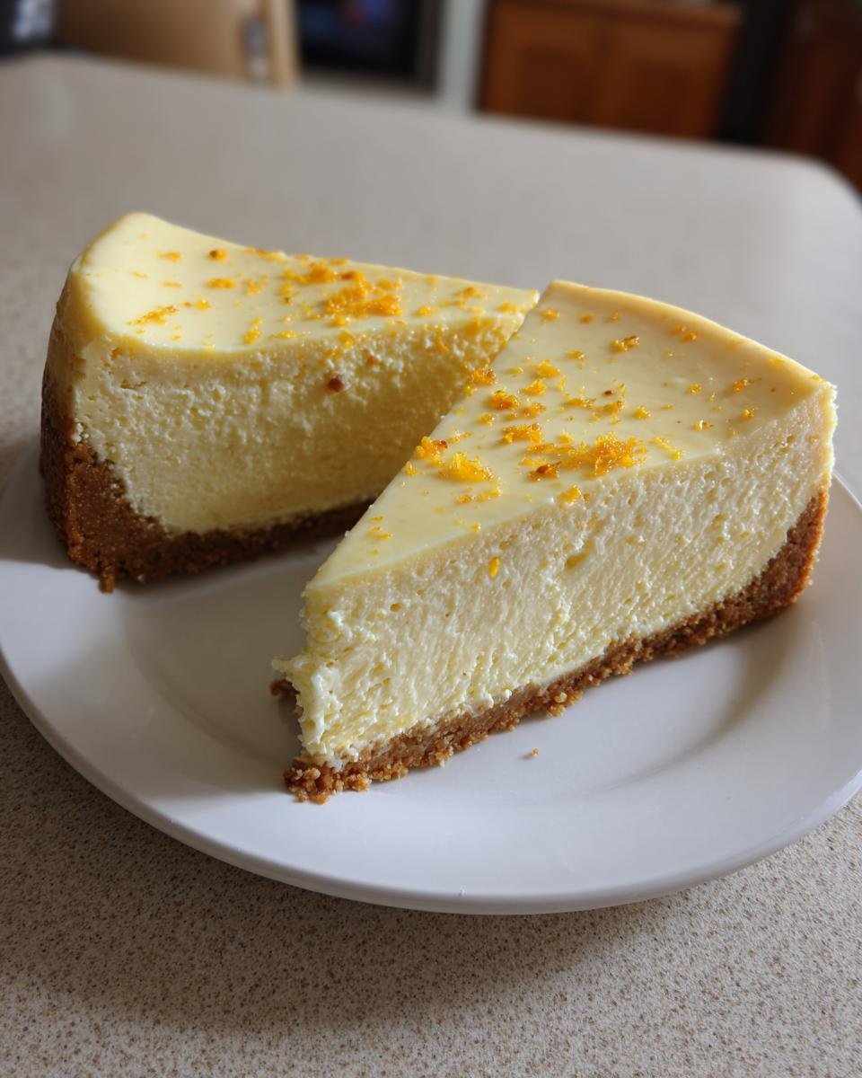Two slices of rich, creamy Spiced Orange Cheesecake with a graham cracker crust, topped with orange zest.