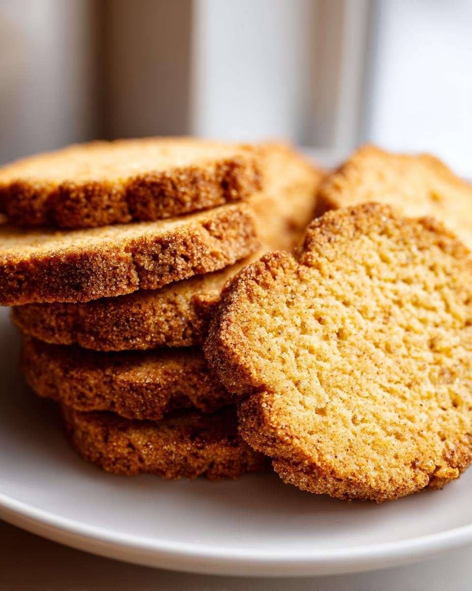 Close-up of stacked, golden brown Eggnog Biscotti Cookies dusted with sugar on a white plate.