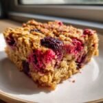 Close-up of a square slice of Crowd Pleasing Berry Baked Oatmeal on a white plate.