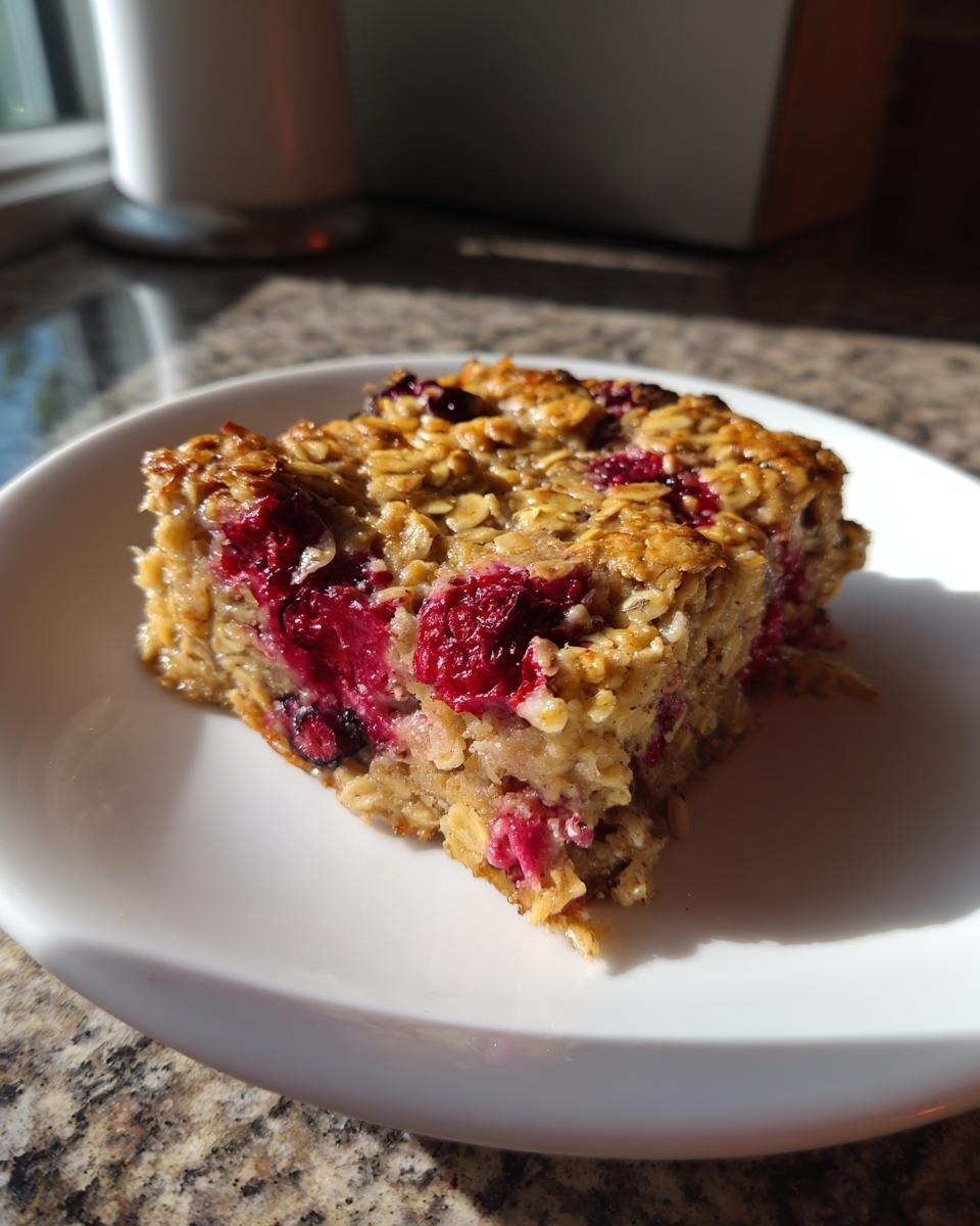 A square serving of Crowd Pleasing Berry Baked Oatmeal with visible oats and bright red berries, served on a white plate.