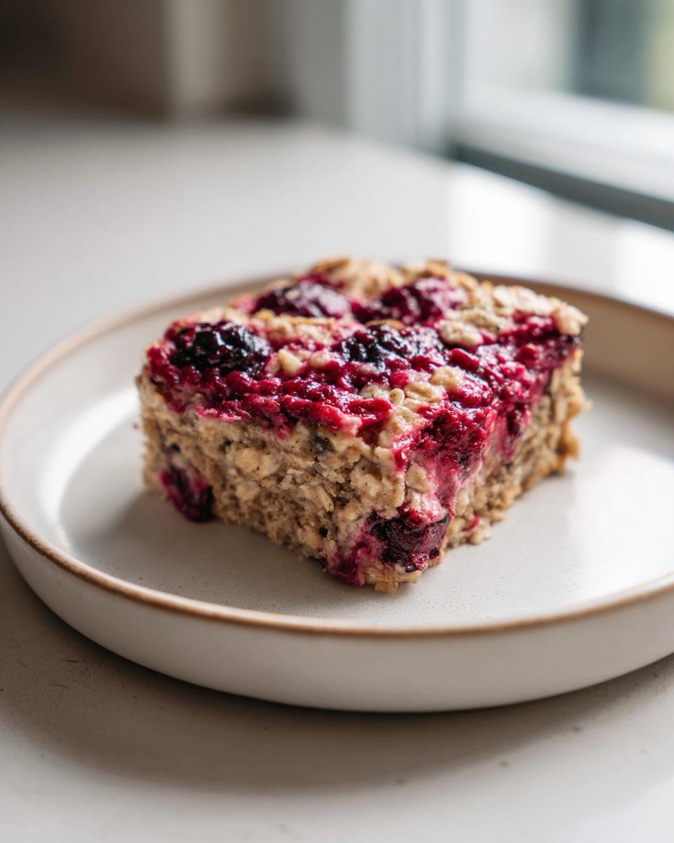 A square slice of Crowd Pleasing Berry Baked Oatmeal topped with bright red and dark berries on a light plate.