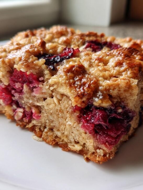 Close-up of a moist square slice of Crowd Pleasing Berry Baked Oatmeal featuring visible oats and bright red berries.