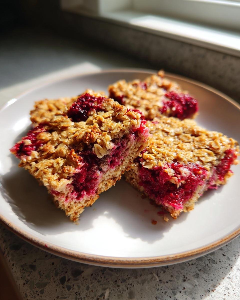 Three squares of Crowd Pleasing Berry Baked Oatmeal with bright red berry filling on a white plate.