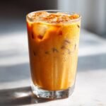 A tall glass filled with a cold Dairy Free Iced Pumpkin Spice Latte, topped with ice and a sprinkle of cinnamon.