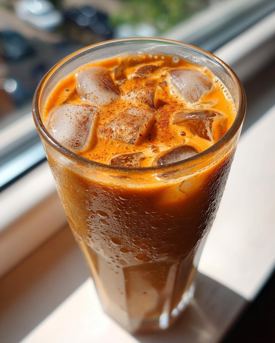Close-up of a condensation-covered glass filled with a Dairy Free Iced Pumpkin Spice Latte and ice cubes, topped with spice.