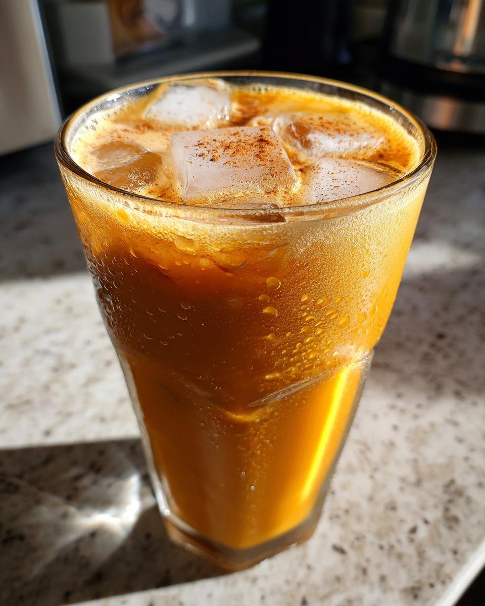 Close-up of a frosty glass filled with a vibrant orange Dairy Free Iced Pumpkin Spice Latte, topped with ice cubes and sprinkled cinnamon.