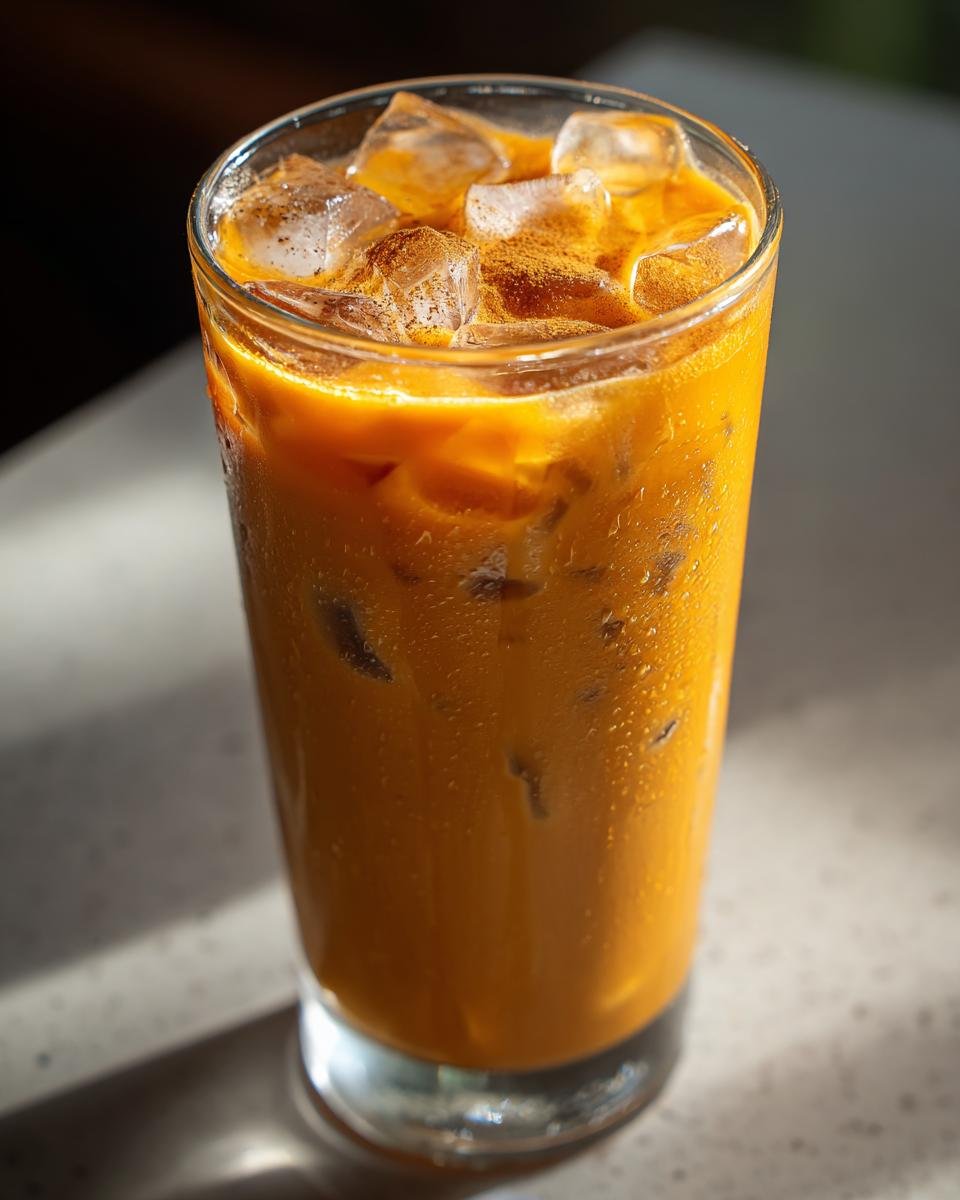 Close-up of a tall glass filled with a cold, orange-colored Dairy Free Iced Pumpkin Spice Latte, topped with ice cubes and a sprinkle of spice.