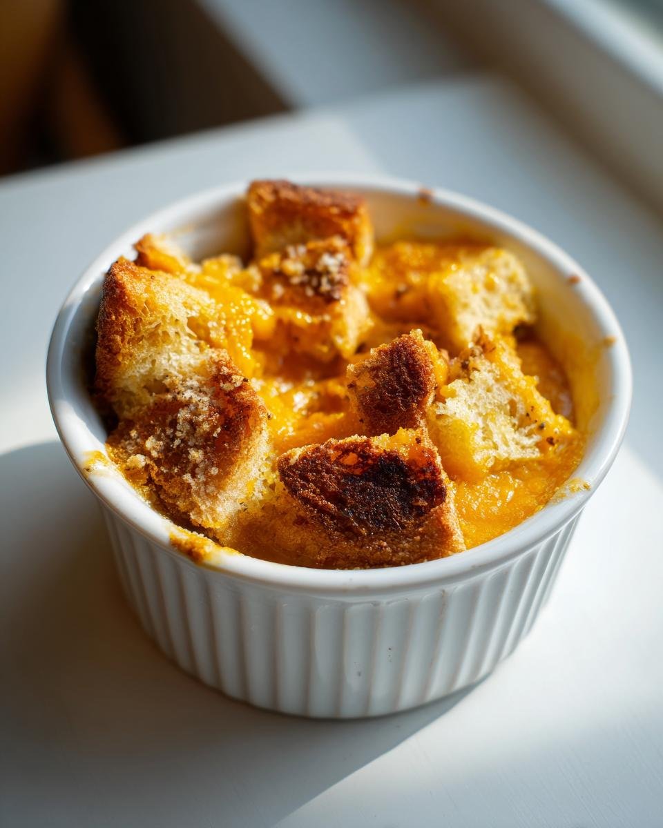 Close-up of a single serving of Deconstructed Vegan Sweet Potato Bread Pudding in a white ramekin.