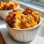 A close-up of Deconstructed Vegan Sweet Potato Bread Pudding baked in a white ramekin, showing a golden, textured top.
