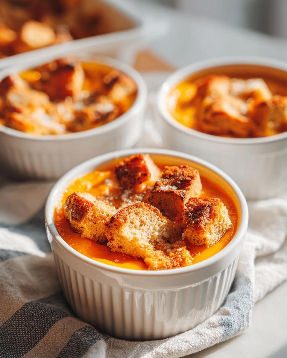 Close-up of a serving of Deconstructed Vegan Sweet Potato Bread Pudding in a white ramekin with toasted bread cubes.