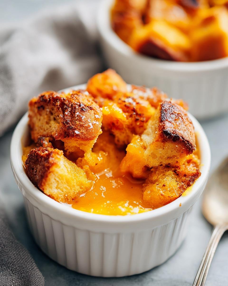 Close-up of Deconstructed Vegan Sweet Potato Bread Pudding served in a white ramekin with toasted bread cubes.