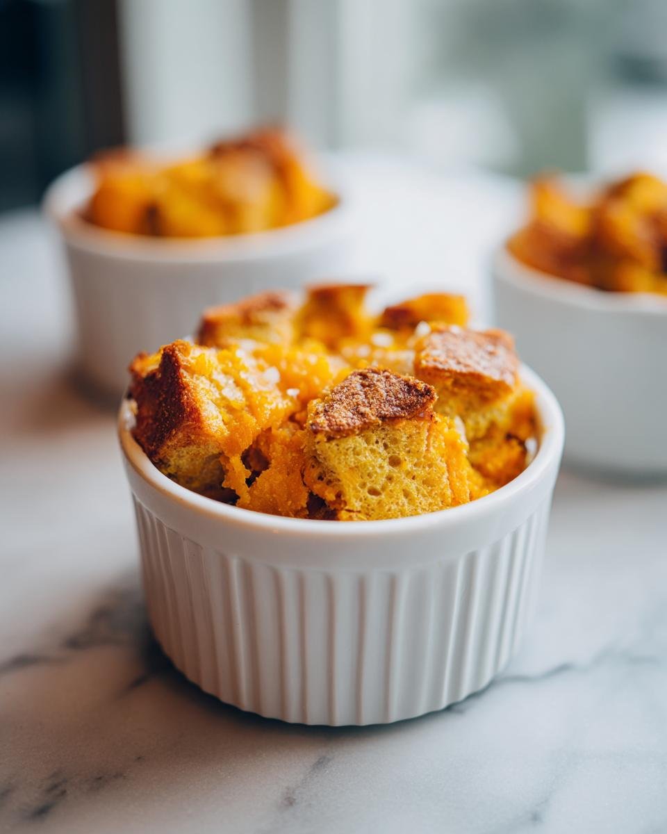 Close-up of Deconstructed Vegan Sweet Potato Bread Pudding served in a white ramekin on marble.