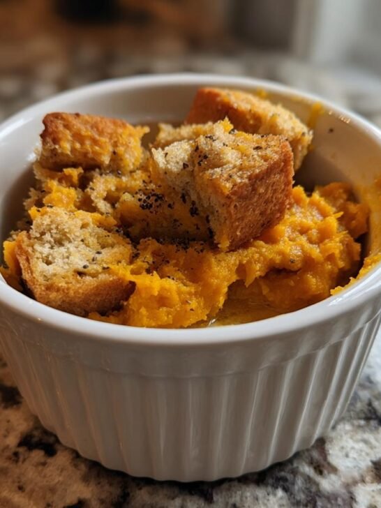 Close-up of a single serving of Deconstructed Vegan Sweet Potato Bread Pudding in a white ramekin.