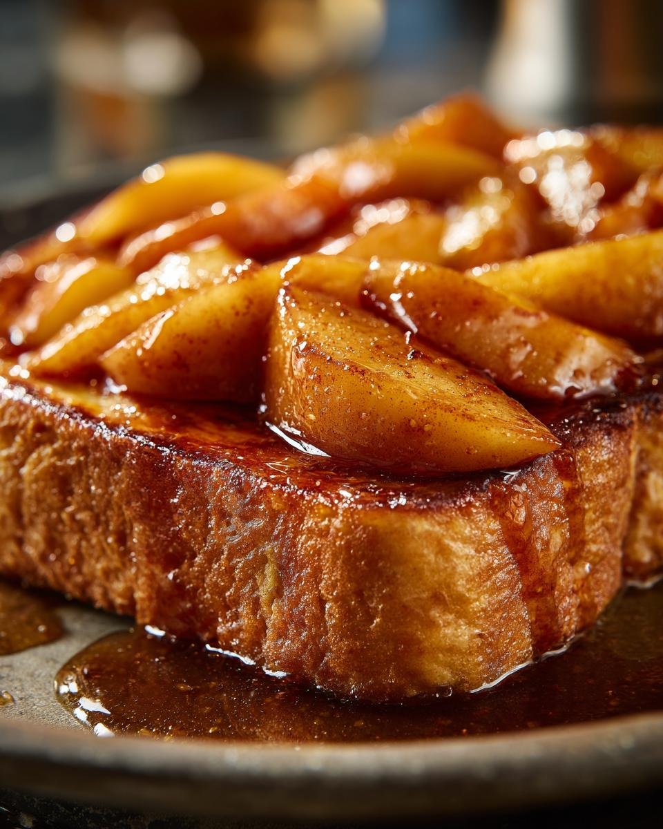 Close-up of thick French toast topped generously with glistening Delicious French Toast Caramelized Apples.