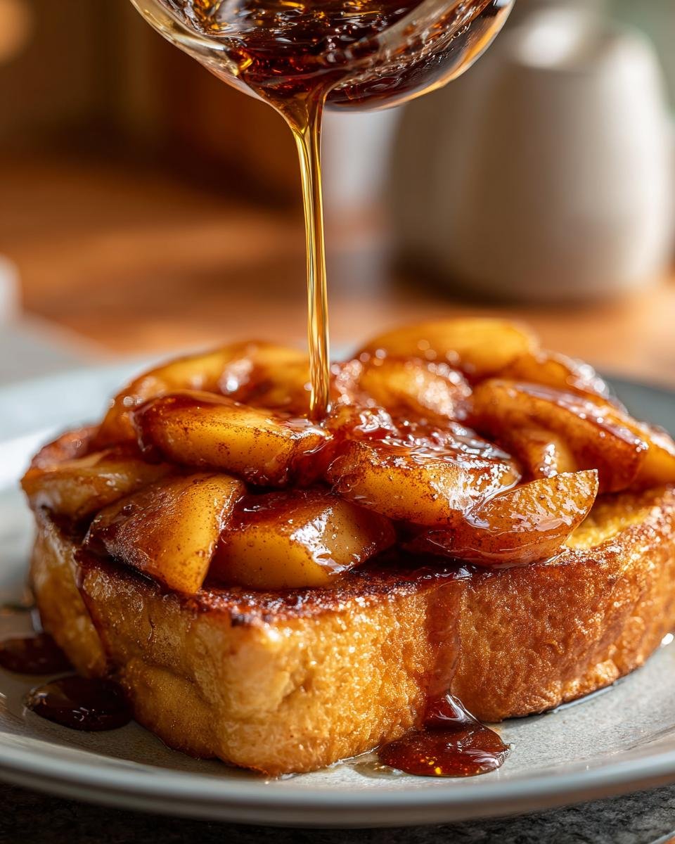 Close-up of syrup being poured over thick French toast topped with Delicious French Toast Caramelized Apples.