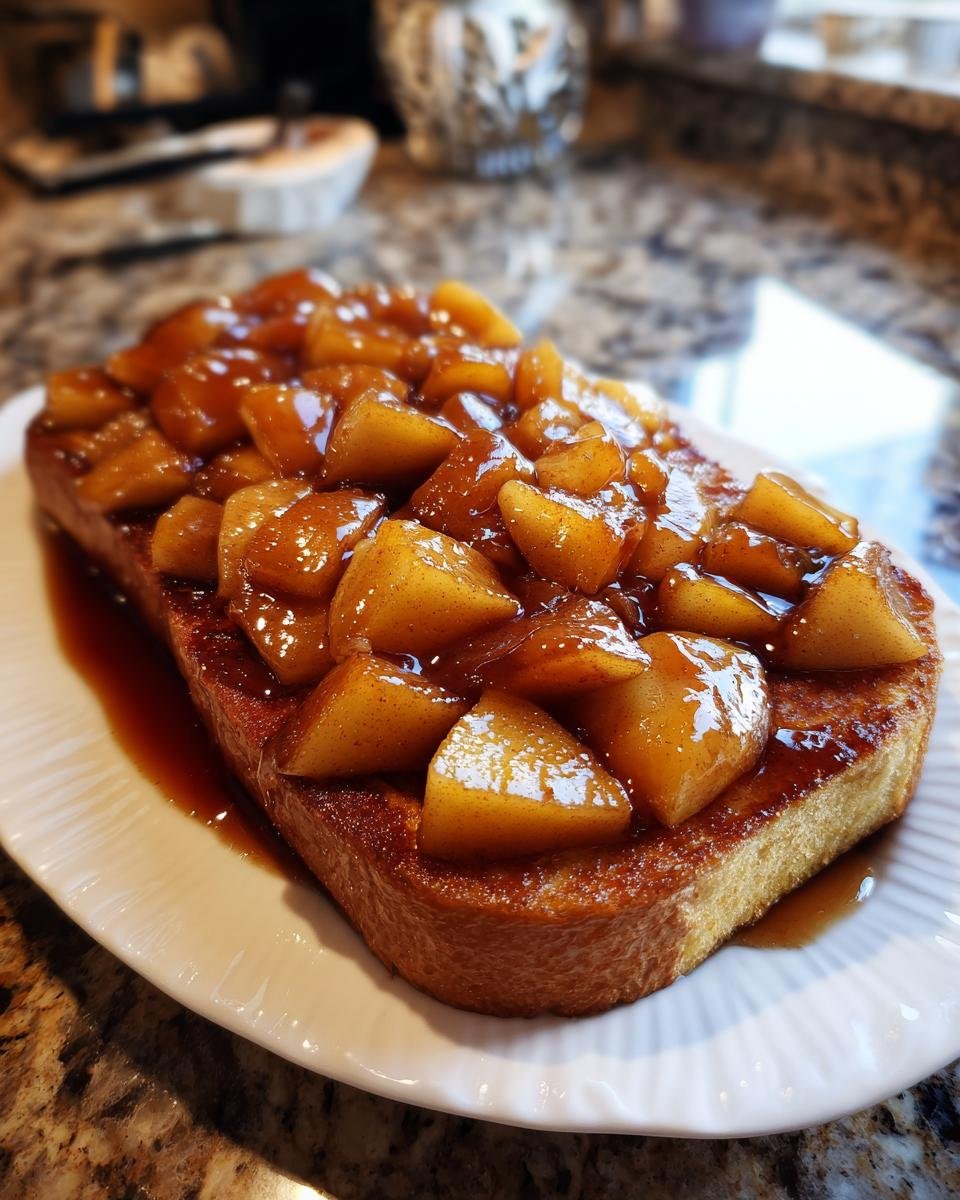 A thick slice of golden French toast generously topped with warm, glistening Delicious French Toast Caramelized Apples.