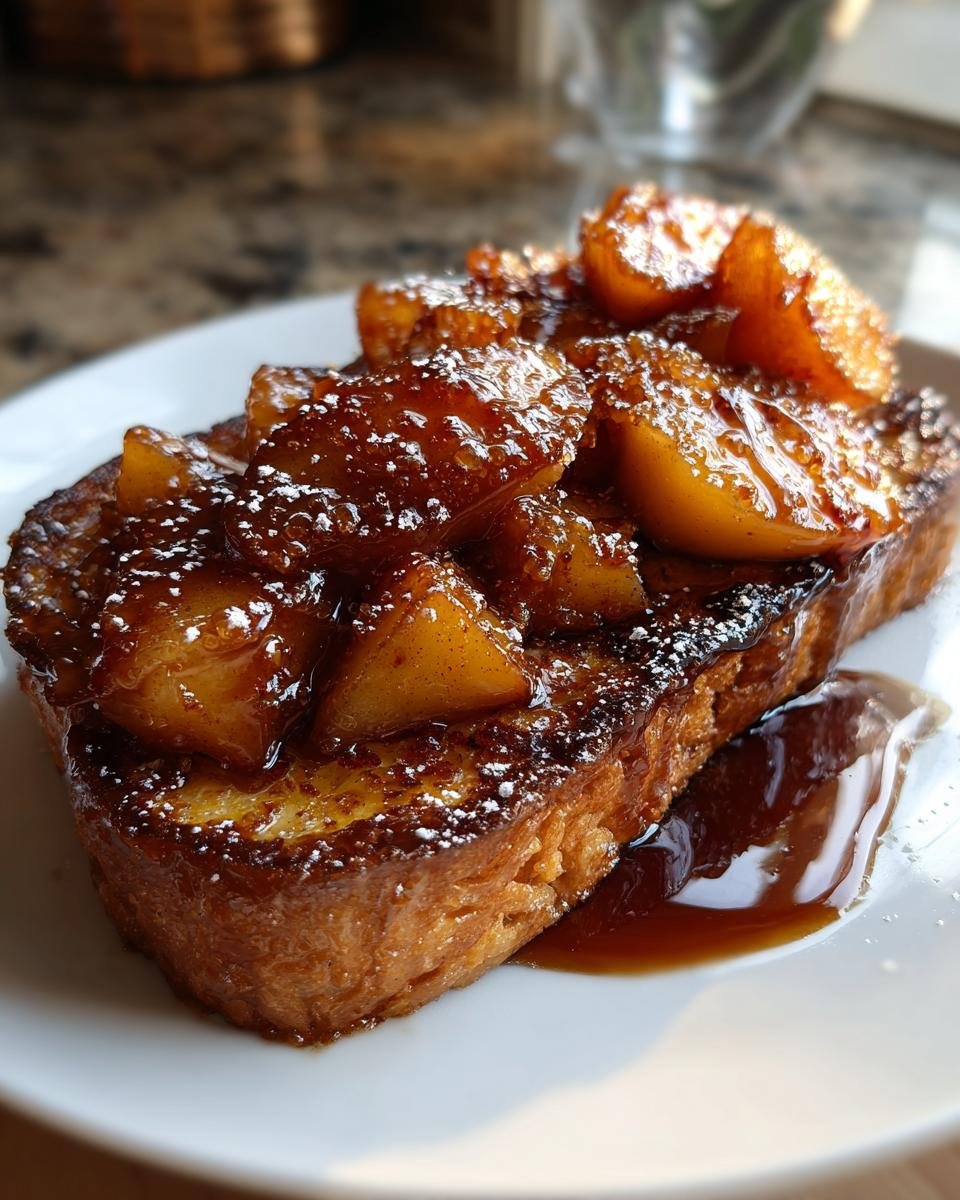 A thick slice of golden French toast topped generously with glistening caramelized apples and powdered sugar.