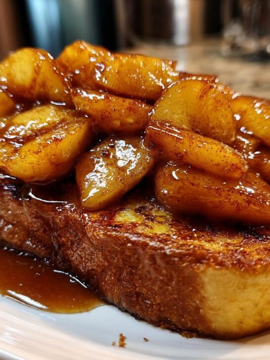 A thick slice of golden brown French toast topped generously with glossy, cinnamon-spiced caramelized apples.