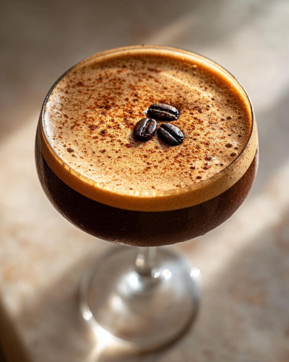 Close-up of a Dirty Chai Espresso Martini Mocktail topped with thick foam and three coffee beans.