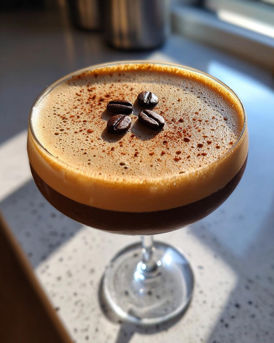 Close-up of a Dirty Chai Espresso Martini Mocktail in a coupe glass, topped with foam, cocoa dust, and three coffee beans.