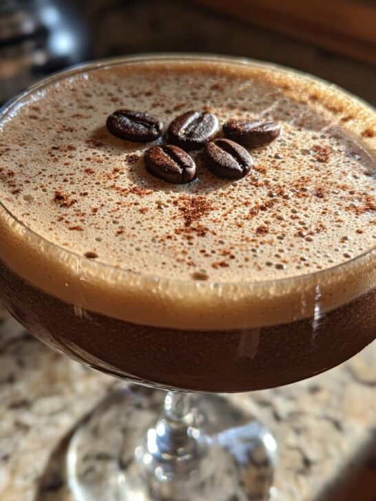 A foamy Dirty Chai Espresso Martini Mocktail garnished with five coffee beans and dusted with powder.