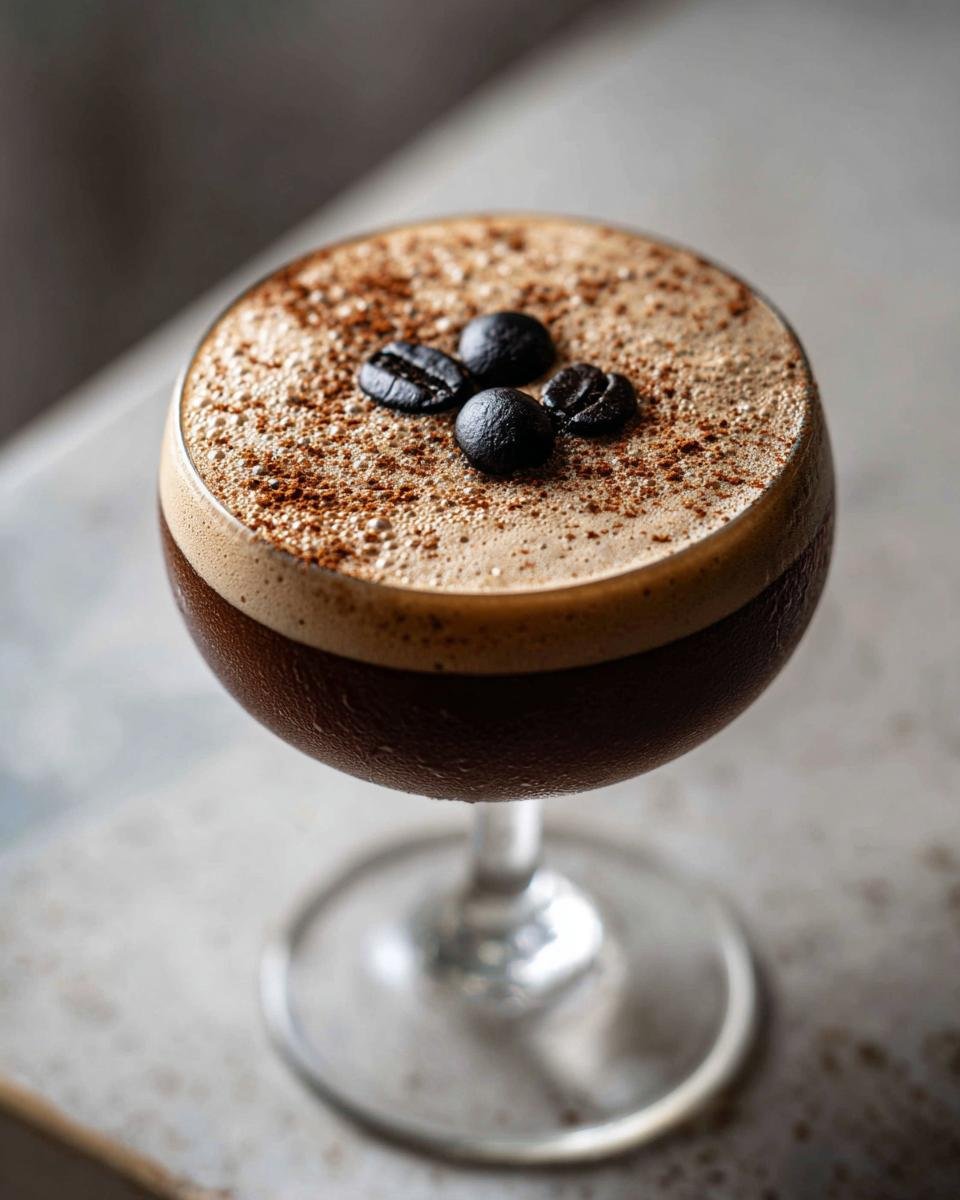 Close-up of a Dirty Chai Espresso Martini Mocktail topped with foam, cocoa powder, and three coffee beans.