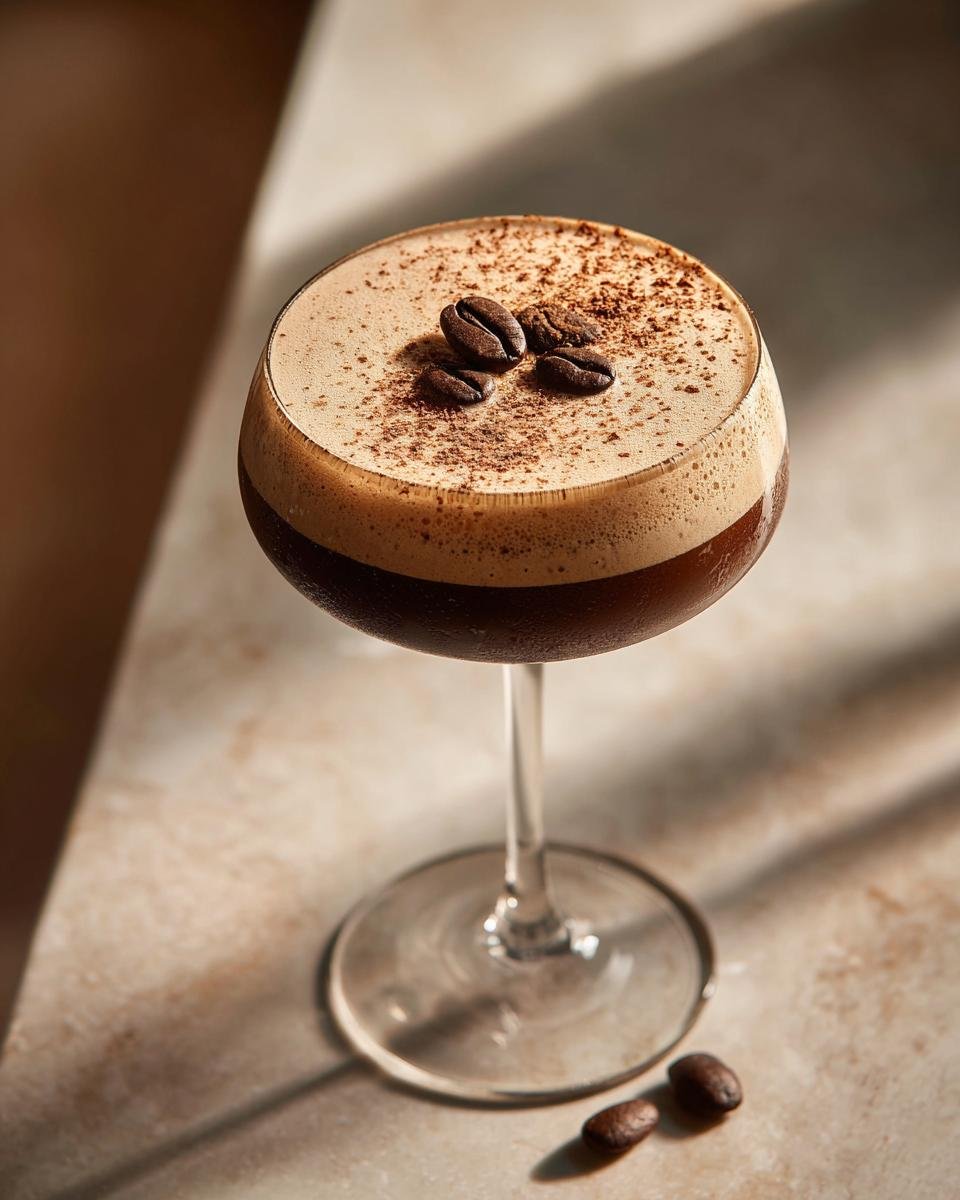 A foamy Dirty Chai Espresso Martini Mocktail garnished with coffee beans and cocoa powder.
