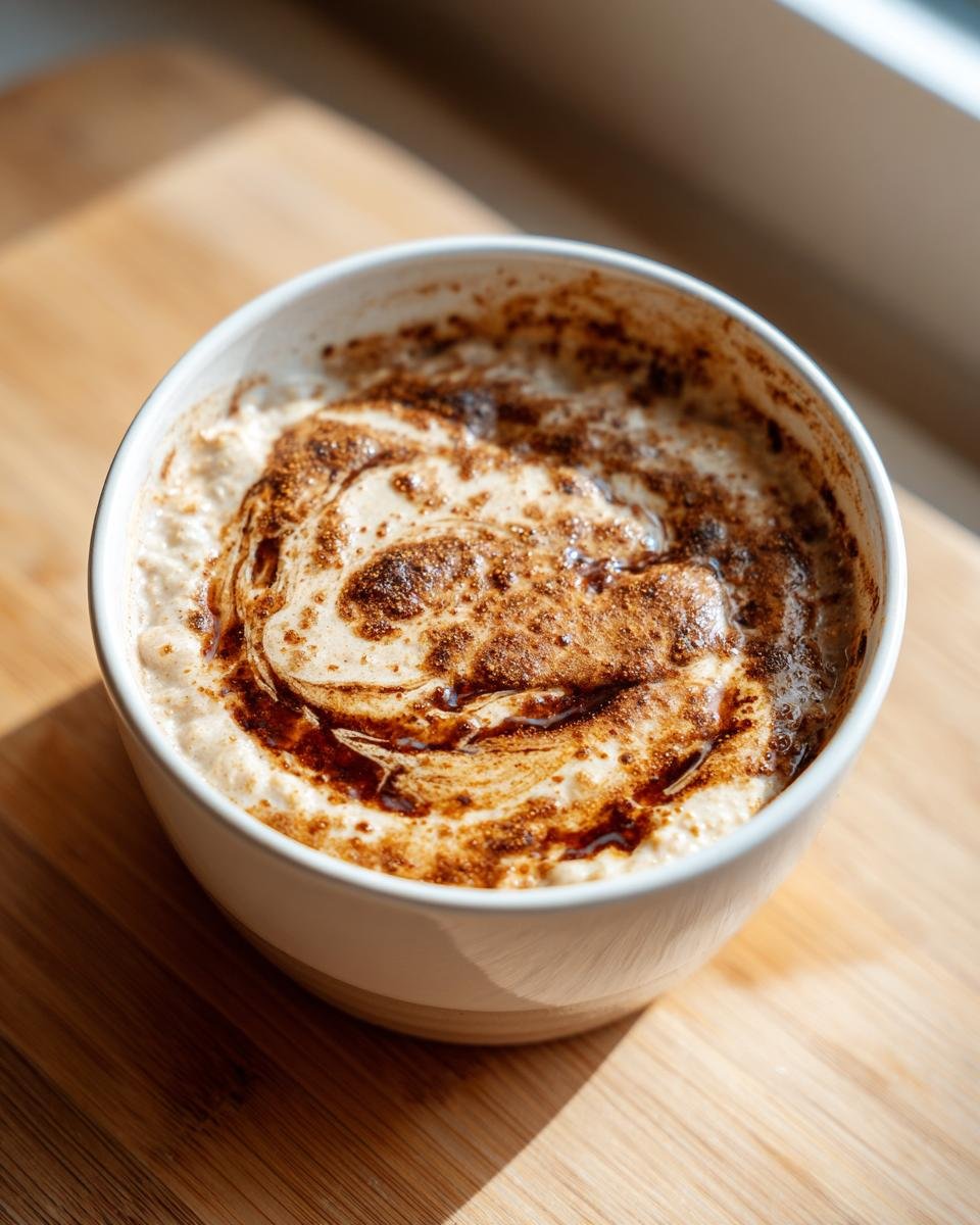 A white bowl filled with creamy Dirty Chai Latte Oatmeal Porridge, topped with a swirl of espresso and spices.