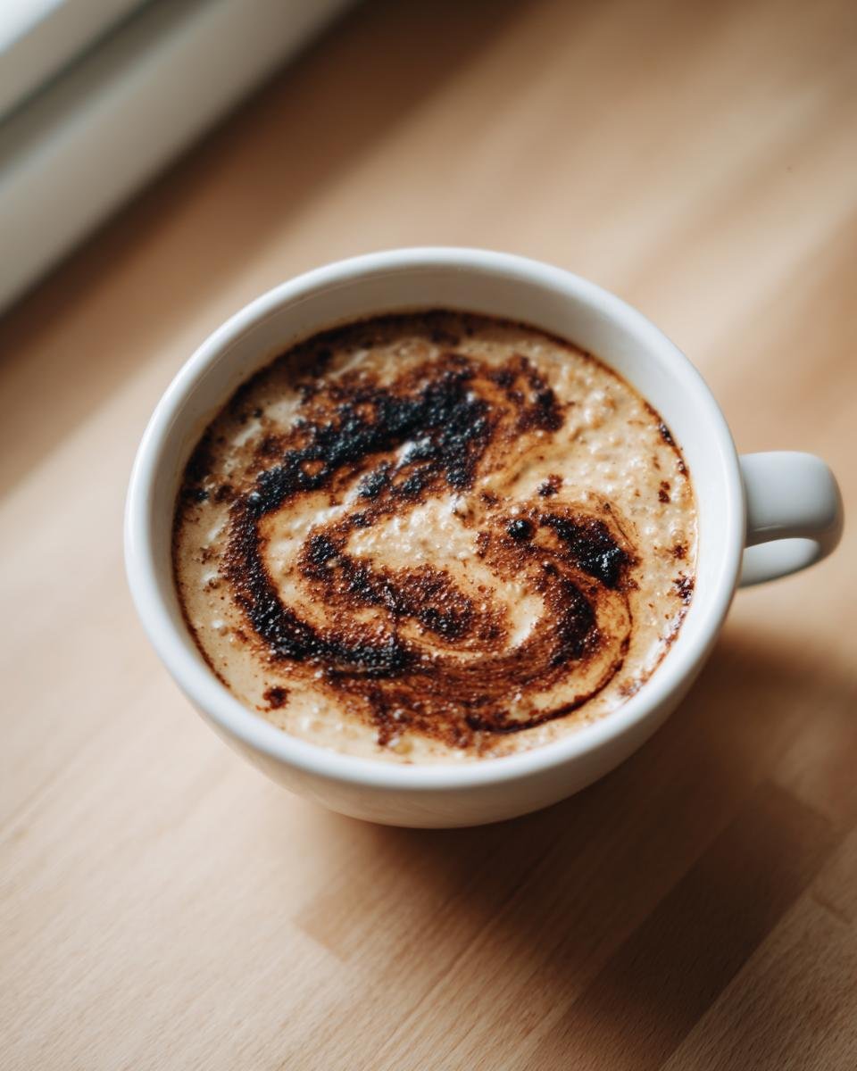 Close-up of Dirty Chai Latte Oatmeal Porridge topped with a dark, swirled spice mixture in a white mug.