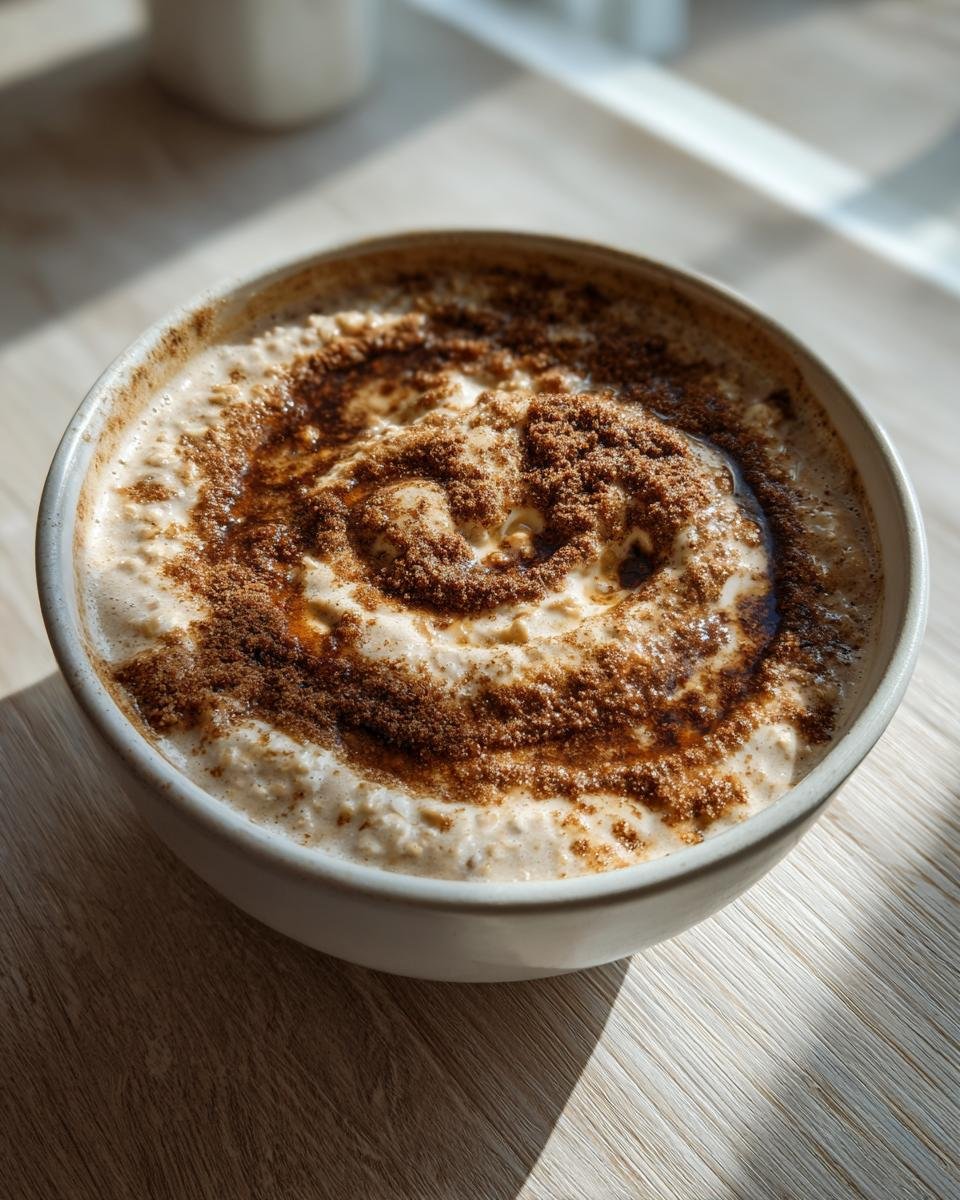 Close-up of Dirty Chai Latte Oatmeal Porridge topped with a swirl of brown sugar and spices.