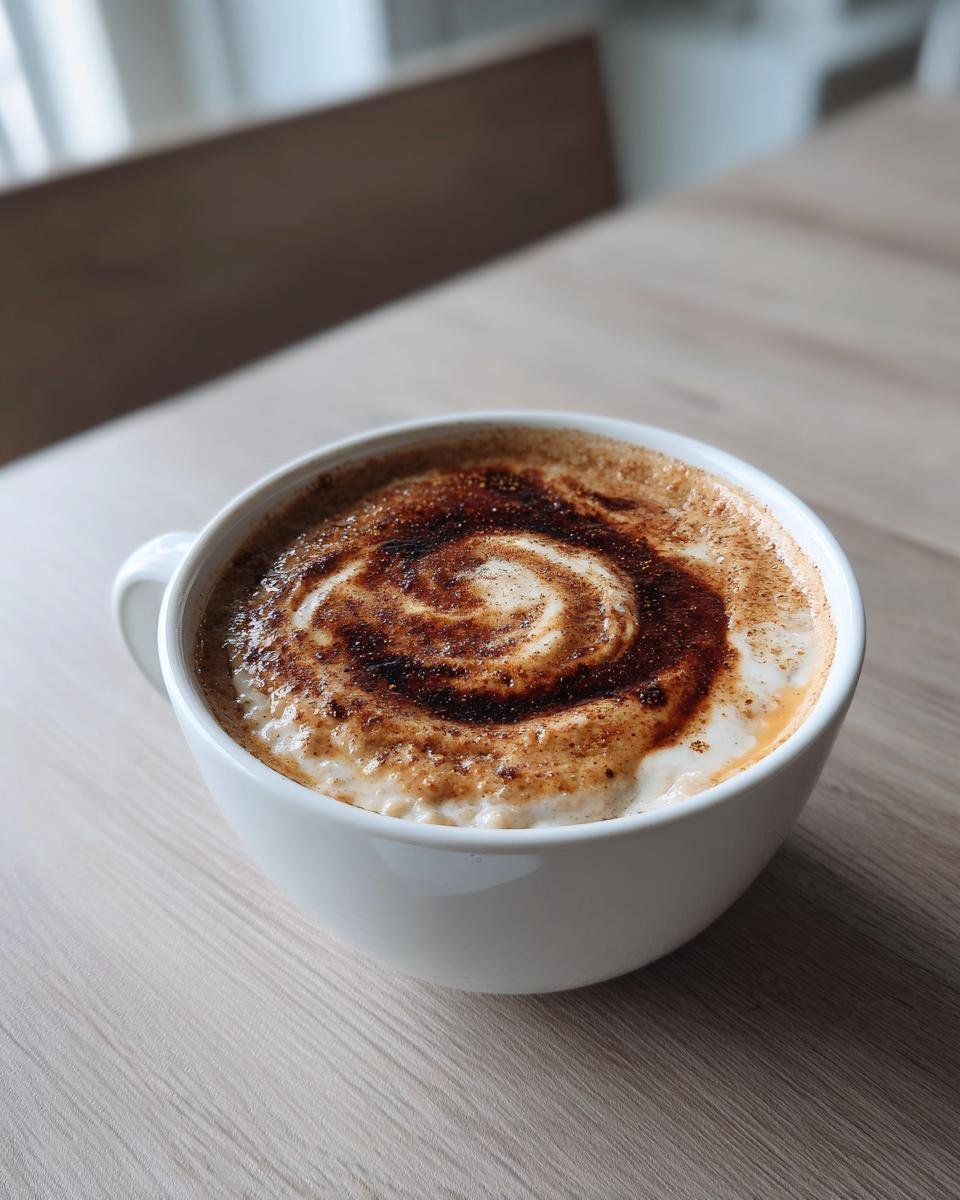 White mug filled with Dirty Chai Latte Oatmeal Porridge topped with foam and a dark spice swirl.