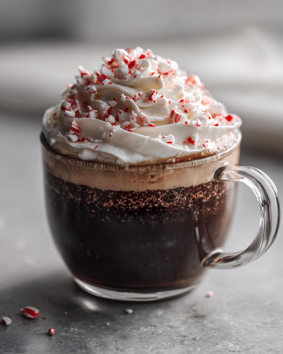 Close-up of an Easy Homemade Peppermint Mocha Latte topped with whipped cream and crushed candy canes.