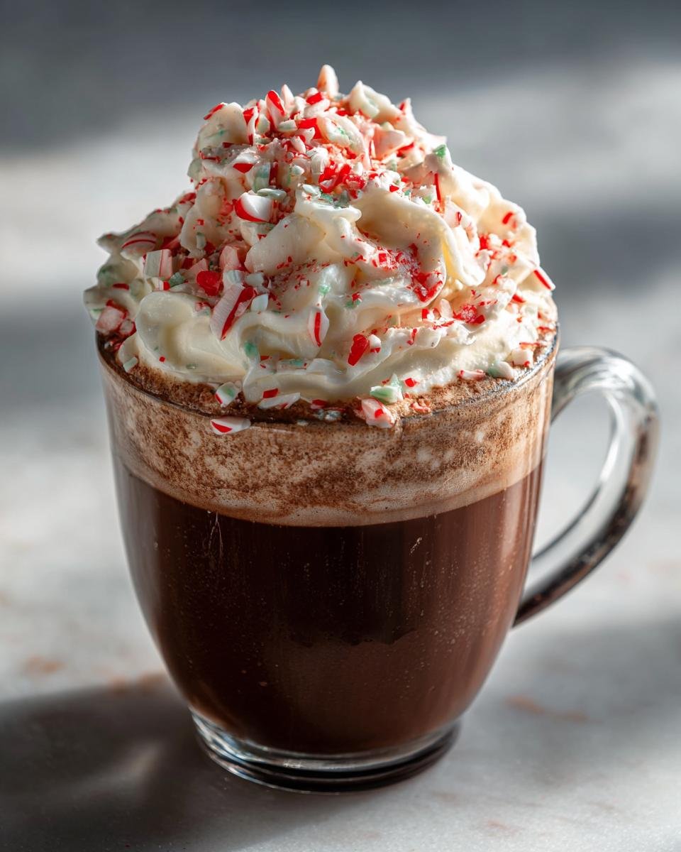 Close-up of an Easy Homemade Peppermint Mocha Latte topped high with whipped cream and crushed peppermint candies.
