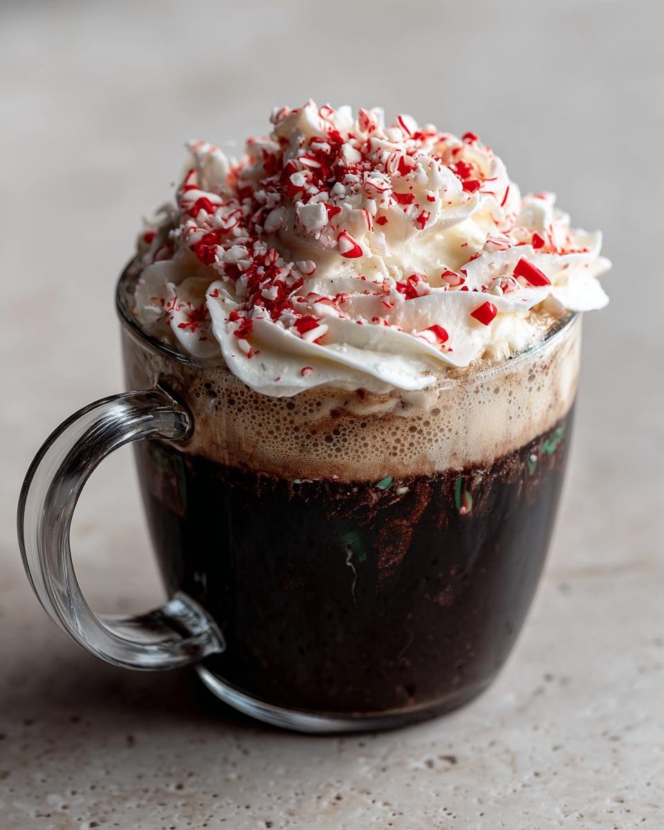A clear glass mug filled with an Easy Homemade Peppermint Mocha Latte, topped high with whipped cream and crushed candy canes.